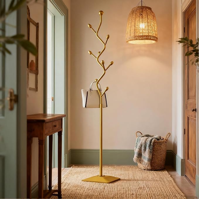 Coat Rack Freestanding gold Coat Tree with 8 Hooks, Creative Design Tree Branch-look, Standing Coat Rack Coat Hanger Stand with Stury cast iron Base for Entryway, Hallway, Bedroom (gold)