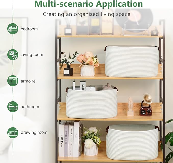 ECDYQXVU Cotton Rope Basket, Storage Baskets with Handle, 15x10x9 Inch Woven Basket for Shelves, Laundry, Towels, Clothes, Books (White 2Pack)