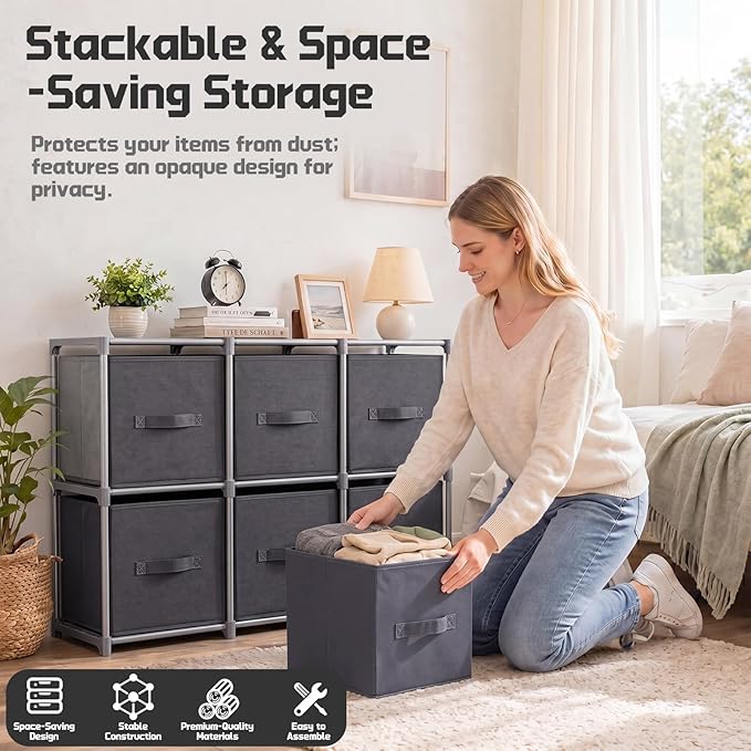 Geetery Under Dorm Bed Cube Organizer Shelf with 6 Cube Fabric Storage Organizer Bins with Handle Dorm Under Bed Closet Drawer for College Essentials Nursery Bedroom Living Room(Grey)