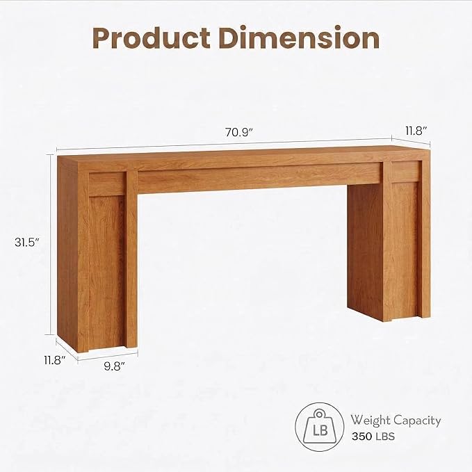 Garvee 70.9 in Long Entryway Table, Wooden Farmhouse Console Table Below Mounted TV, Thick Sofa Table Behind Couch Table, Long Console Tables for Entryway Living Room, Honey Brown