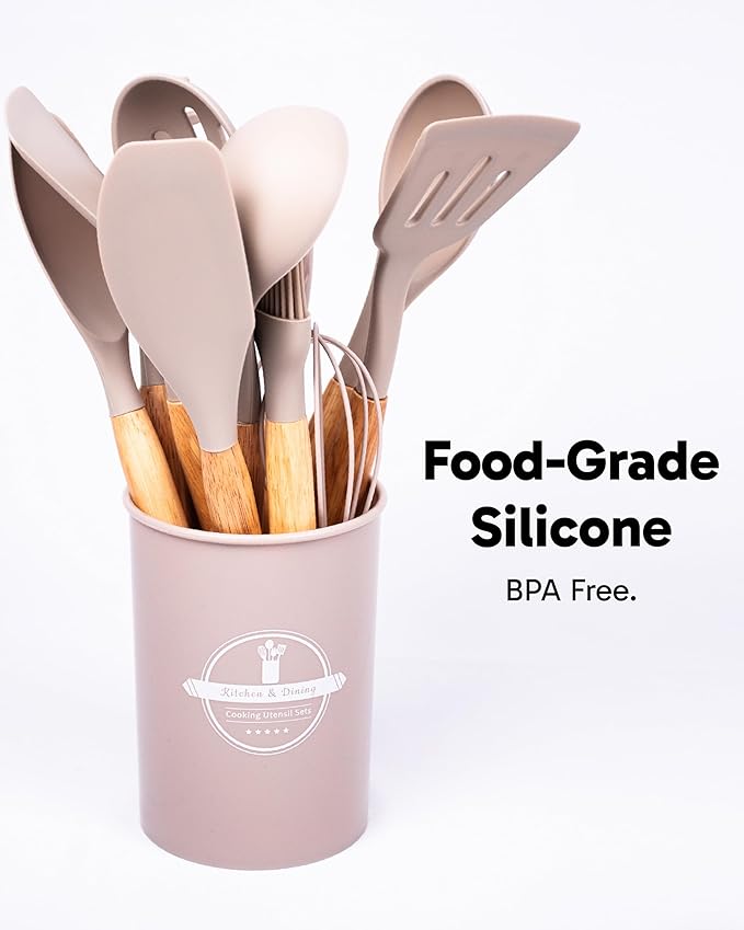 Dusico® Silicone Cooking Utensils Set of 12 Pcs with Wood Handles. Heat Resistant Kitchen Utensils for Nonstick Cookware, BPA Free Silicone Spatula Set & Cooking Spoons, Kitchen Gadgets (Beige)