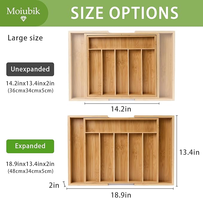 Bamboo Expandable Silverware Drawer Organizer, Adjustable Utensil Tray Cutlery Holder for Kitchen Drawer, Flatware Storage Organizer for Spoons, Forks and Knives, Natural 8 Slot