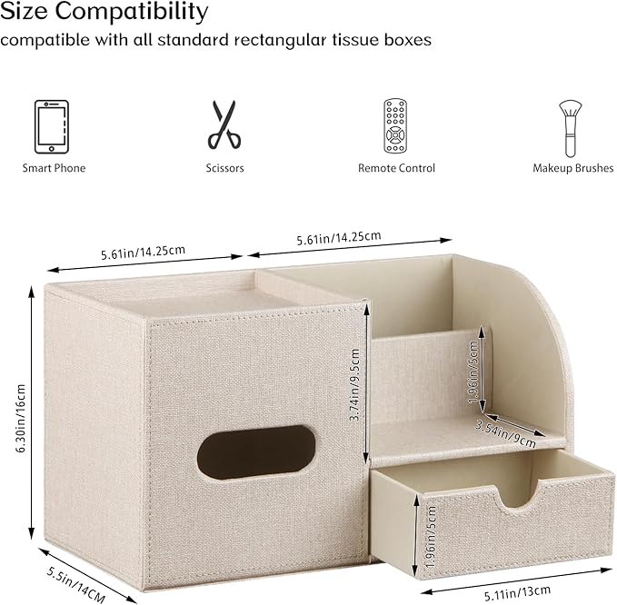 Square Tissue Box Cover with Drawer Storage and Tray on Top, PU Leather Tissues Cube Boxes Holder, Modern Nightstand Organizer Caddy, Remote Control Holder for Bathroom, Bedside, Office, Home