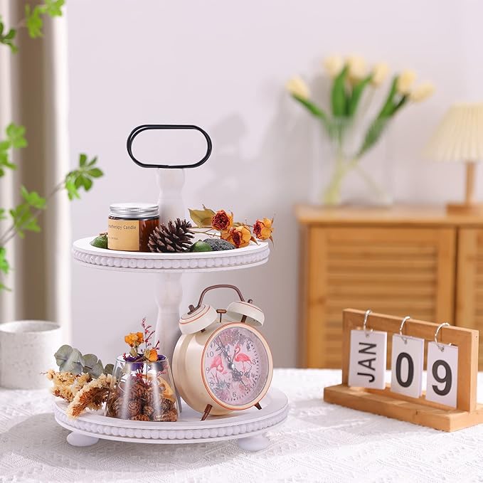 Urban Deco Wooden Decorative Tray Two Tiered Trays Decorations Round Serving Tray with Metal Handle, Wooden Cupcake Stand for Party Tiered Dessert Stand - Retro White Farmhouse Wood Tray