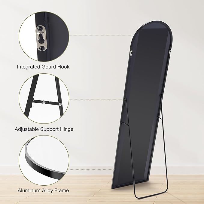 OLIXIS Black Arched Full Length Mirror 15.5"x56" for Bedroom, Full Body Floor Mirror with Stand, Hanging or Leaning for Wall, Aluminum Alloy Thin Frame Floor Standing for Living Room, Long