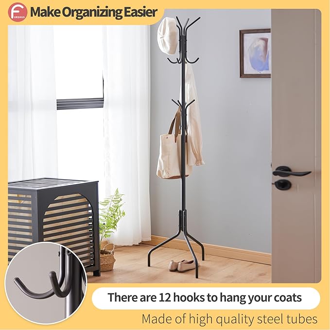 Coat Rack Freestanding,hat and coat rack stand for entryway,Living Room,Bedroom,Metal coat tree with12 Hooks and 3 Legs (Black)