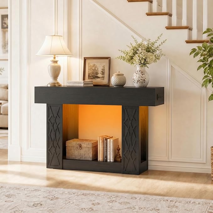 Unikito 47" Console Table with Outlets & LED Lights, Farmhouse Entryway Table with Unique Lattice Geometric Pattern, Sofa Table Behind Couch with 2-Tier Storage for Living Room, Hallway, Foyer, Black