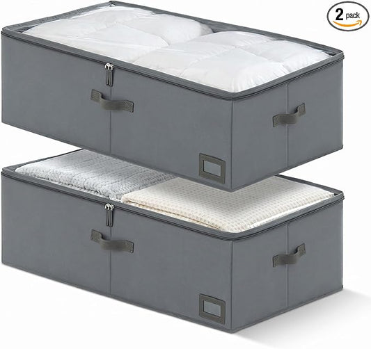 10-Inch Under Bed Storage Containers (2-Pack) | Sturdy Sidewalls | Clear Cover & Label Holder | Foldable Fabric Closet Bin Organizer | Stores Clothing/Blankets/Sweaters/Sheets