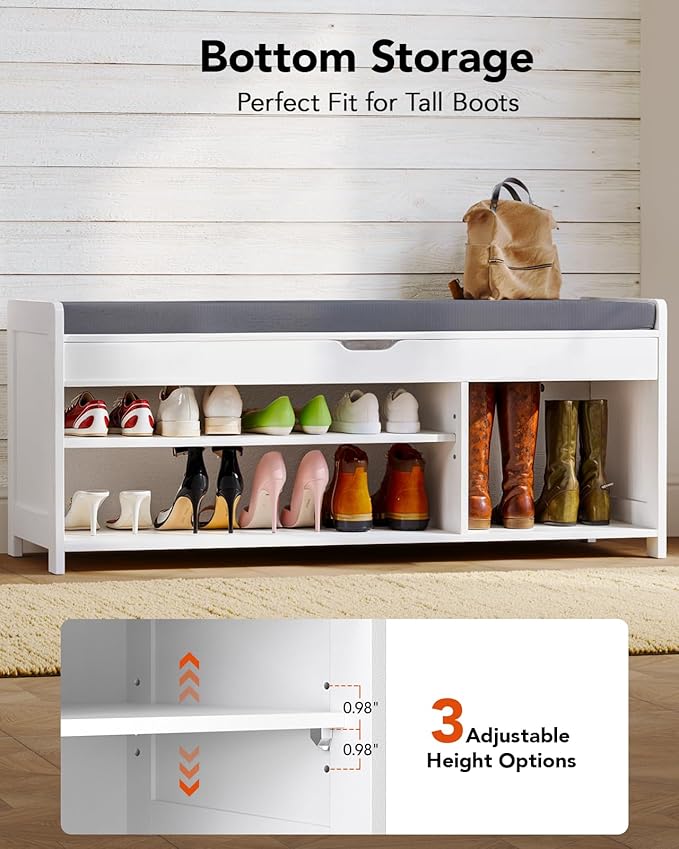 Pipishell Shoe Storage Bench, 2-Tier Shoe Bench with Cushioned Seat, Entryway Bench with Adjustable Shelf & Barn Doors, 300 lbs Capacity, 39.4" x 15" x 18", for Entryway, Bedroom, Living Room, White