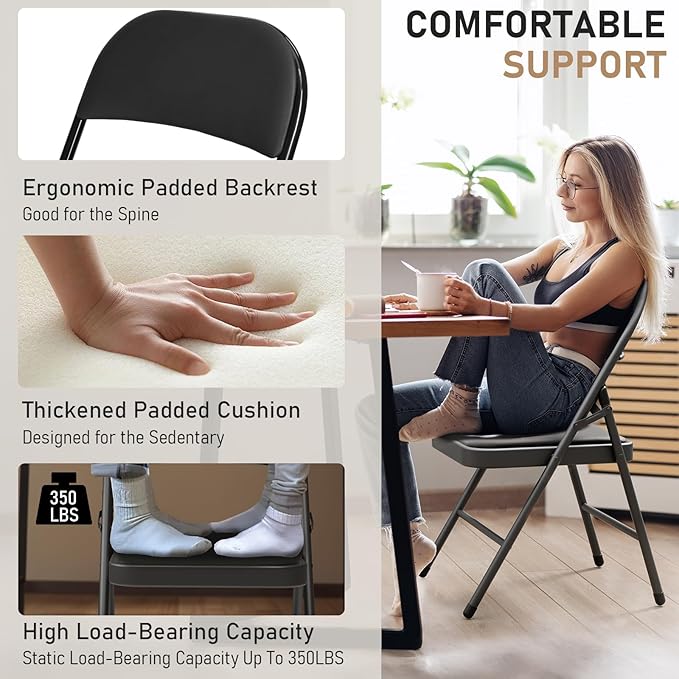 18 Pack Black Folding Chairs with Padded Cushion and Back for Outside Portable Stackable Commercial Foldable Chairs with Steel Frame for Events Office Wedding Party, 350lbs Capacity