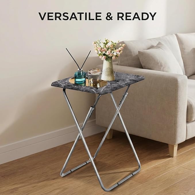 Tv Trays Folding Tv Table, Dinner Table for Eating with Sturdy Metal Frame, Small Foldable Snack Trays Table for Living Room, Couch,Sofa, Bed, No Assembly Required (Black Marble 2-Piece Set)