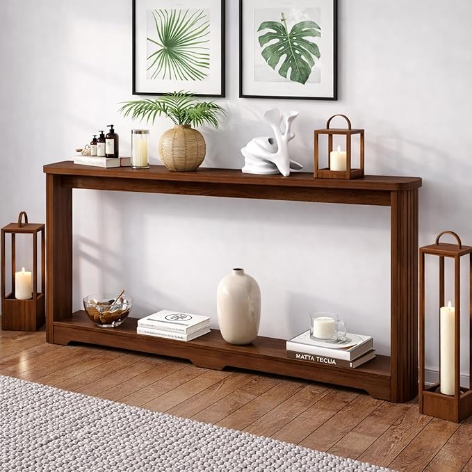 70" Extra Long Narrow Console Table, Fluted-Side Sofa Table with Open Shelf, Entryway/Hallway/Living Room Console – Walnut