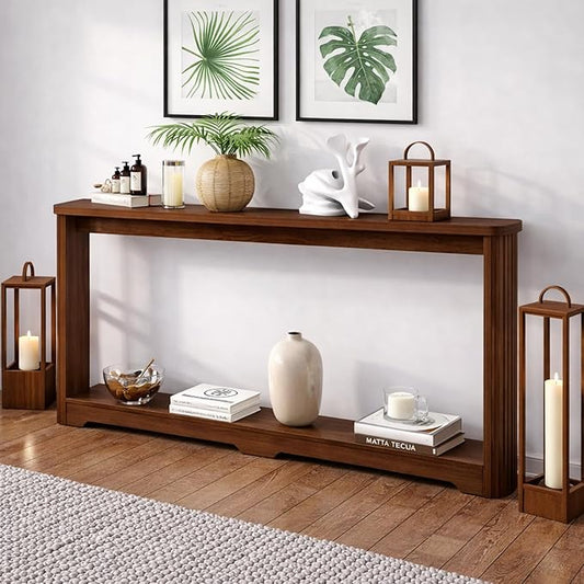 70" Extra Long Narrow Console Table, Fluted-Side Sofa Table with Open Shelf, Entryway/Hallway/Living Room Console – Walnut