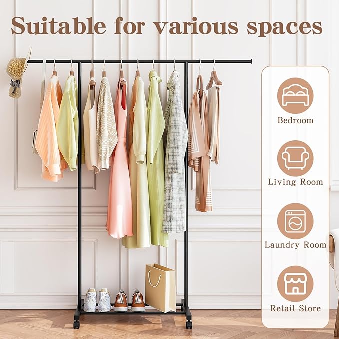 SUOERNUO Clothes Rack with Wheels Rolling Clothing Rack for Hanging Clothes, Portable Metal Garment Rack for Bedroom Laundry Living Room (Black, 59.05"*15.75"*59.45")