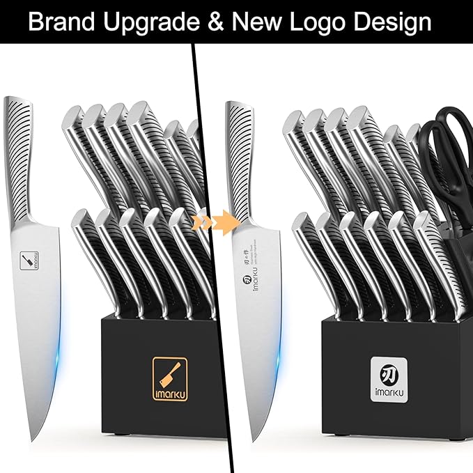 imarku Knife Block Set, 14Pcs High Carbon Stainless Steel Knife Set with Block, Kitchen Knife Set Black, Dishwasher Safe, Build-in Sharpener, Gifts for Men