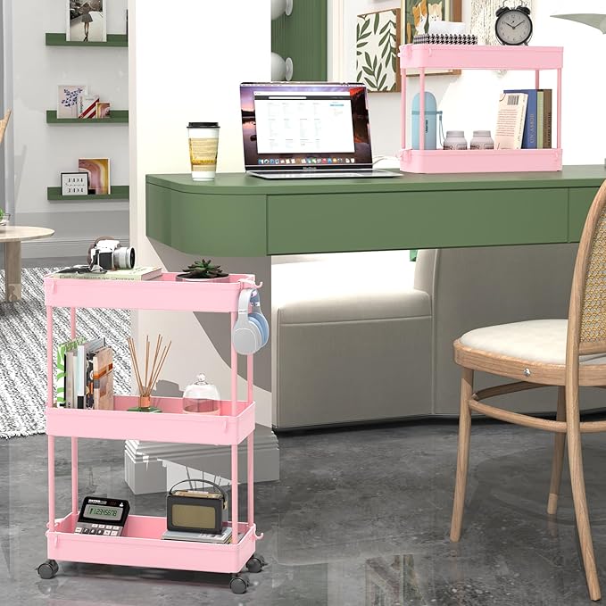 SPACEKEEPER Slim Rolling Storage Cart, 3 Tier Bathroom Organizer Utility Cart Laundry Room Organization Mobile Shelving Unit for Kitchen, Bathroom, Office, Bedroom, Narrow Places, Pink