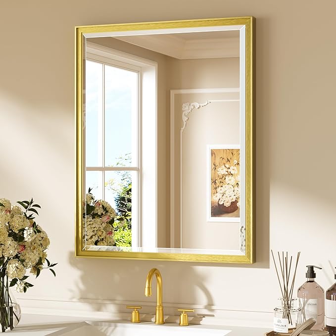 Keonjinn Brushed Gold Bathroom Mirror 24" x 30", Beveled Edge Tempered Glass, Aluminum Alloy Wide Framed, Rustproof, Rectangle, Modern Farmhouse Gold Mirrors for Over Sink(Vertical/Horizontal)