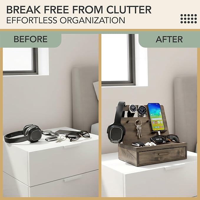 Nightstand Organizer for Men- Phone Docking Station with Drawer for Cellphone, Watches, Sunglasses & Accessories- Makes an Ideal Gift for Dad or Son (Rustic)