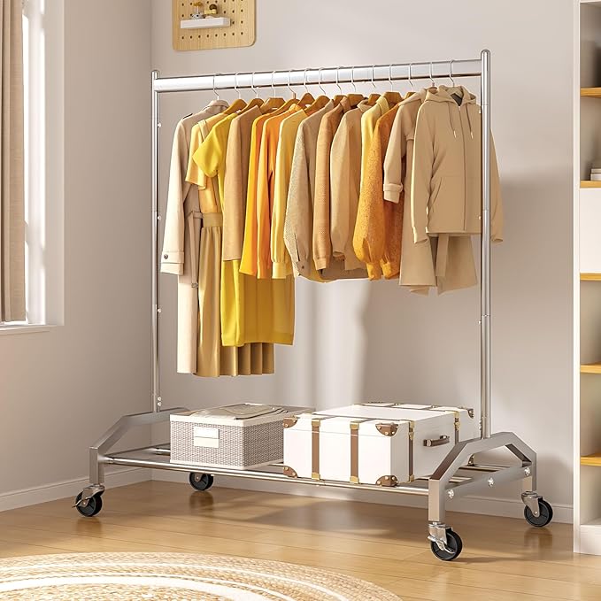 Wiracks Clothes Rack Clothing Rack with Wheels Rolling Clothing Rack for Hanging Clothes Garment Rack Loads 300 LBS for Bedroom, Laundry Room, Retail Store (Silver)