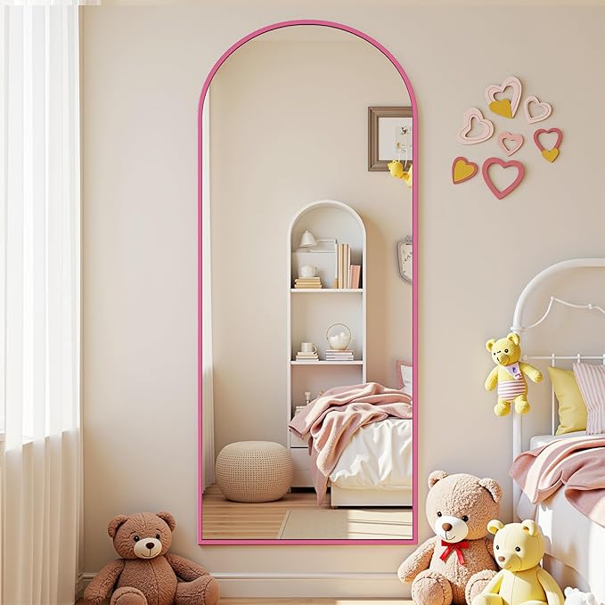 Full Length Mirror with Stand, 58"x19" Arched Full Body Mirror, Large Stand Up Aluminum Frame Floor Freestanding Hanging Leaning Mounted for Bedroom Living Room Entryway Pink