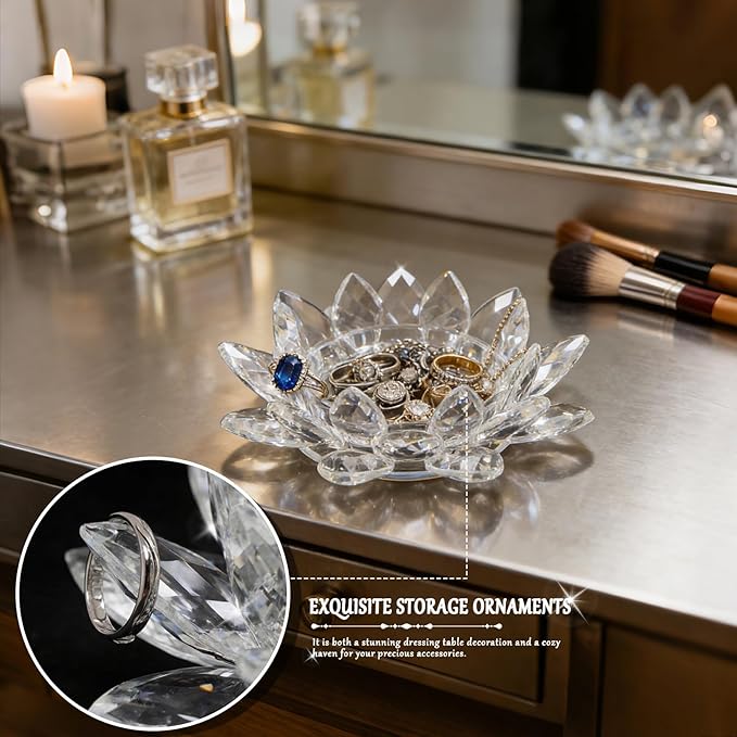 Crystal Flower Jewelry Tray, Transparent Decorative Trinket Dish for Rings, Earrings, Necklaces, Keys for Vanity Dresser Nightstand, Elegant Gift for Women Mother's Day (2, 6.3"(W) - Clear)