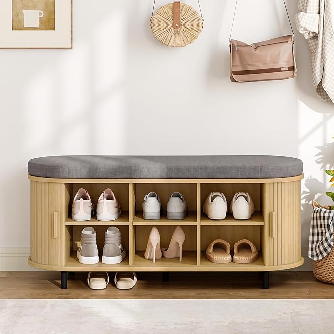 ONBRILL 43" Shoe Bench with Storage, Fluted Shoe Storage Bench with Cushion, Sliding Door and Adjustable Shelf, for Entryway, Hallway, Living Room, Oak