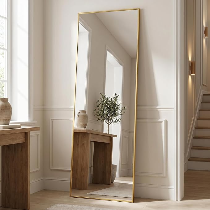 BEAUTYPEAK Full Length Mirror, 58"x14" Standing Hanging or Leaning Against Wall Floor Mirrors Body Dressing Wall-Mounted for Living Room, Bedroom with Aluminum Alloy Thin Frame, Gold