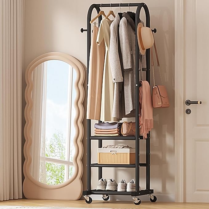 Dttwacoyh Narrow Hall Tree for Small Space, Small Coat Rack with Shoe Shelves, Tall Free Standing Metal Garment Rack on Wheels and Hanging Hooks for Entryway, Mud Room, Laundry Room – Black