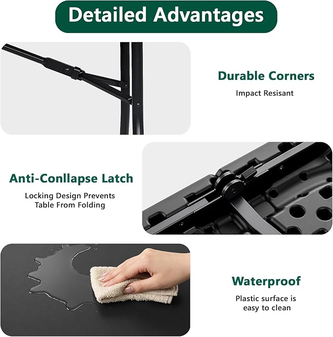 Folding Table 2 Pack, 6FT Heavy Duty Plastic Table with Handle, Foldable&Portable, Fold-in-Half Utility Tables for Outdoor, Dining, Wedding, Events, Indoor, Picnic, Camping, Party, Black