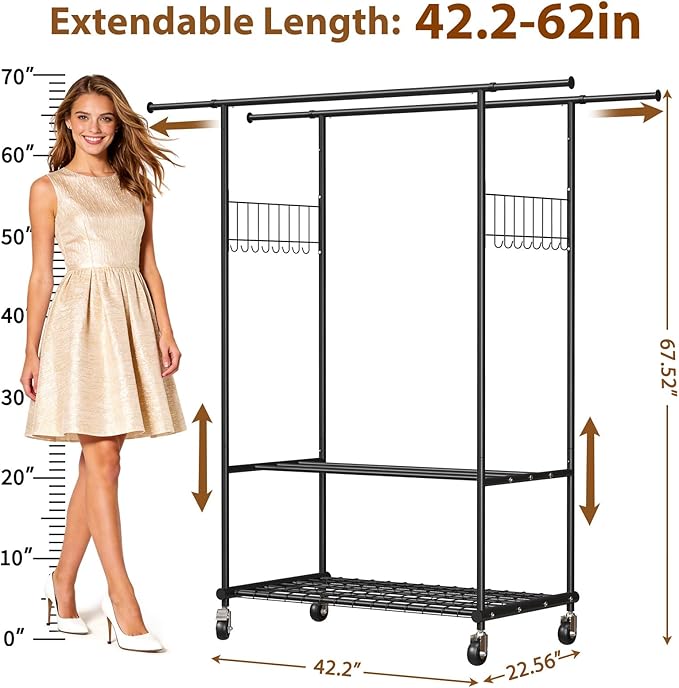 Double Rods Clothes Rack with Wheels, Heavy Duty Rolling Clothing Rack with Shelves and Side Hooks for Hanging Clothes Max Load 550 lbs, Black Metal Adjustable Portable Garment Rack