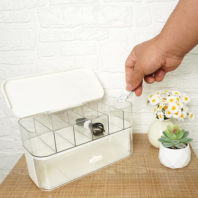 6-Compartment Cable Organizer Box with Lid & Drawer, Clear Plastic Storage Case for Power Cords, Chargers, Electronics, Makeup, and Jewelry – White Wire Management Container