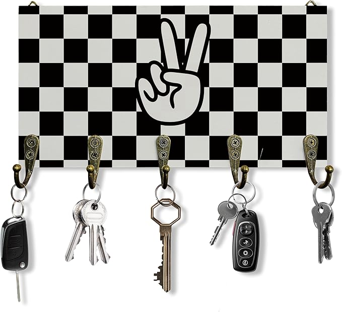 Black and White Checked Key Holder for Wall 10"x5.12", Boys Room Decor Key Hanger Wall Mount, Preppy Peace Sign Wooden Hanging Keys Holder Decor for Entryway Front Door Kids Room（5 Hooks）