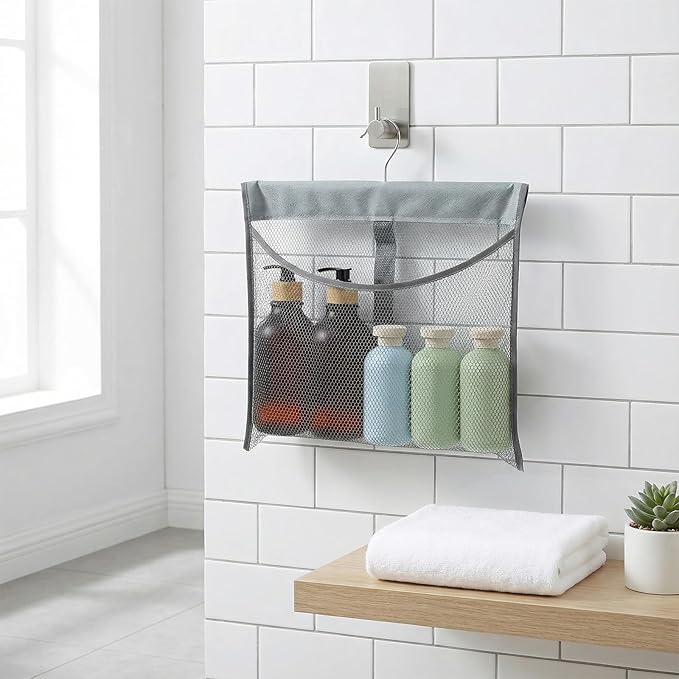 Mesh Shower Caddy Portable Shower Bag with Rotatable Hanger Quick Dry Hanging Toiletry Organizer Mesh Bath Toy Holder for Travel Gym Bathroom Dorm Essentials (Gray)