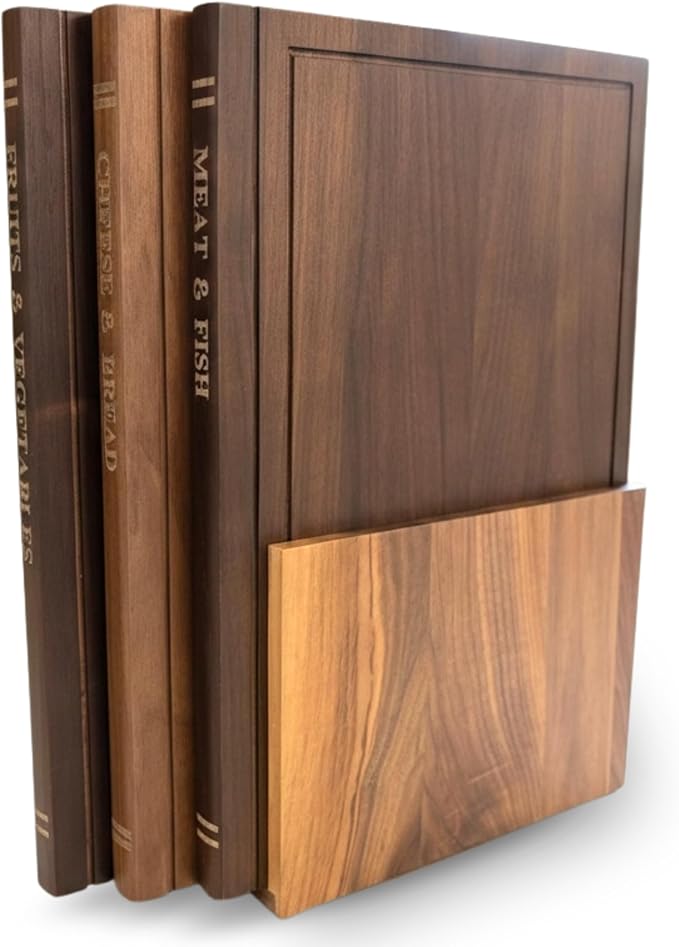The Cutting Board Library™ | Original Design North American Walnut Wood Decorative Kitchen Display Boards (Set of 3) with Stand | Premium Countertop Serving & Styling Collection