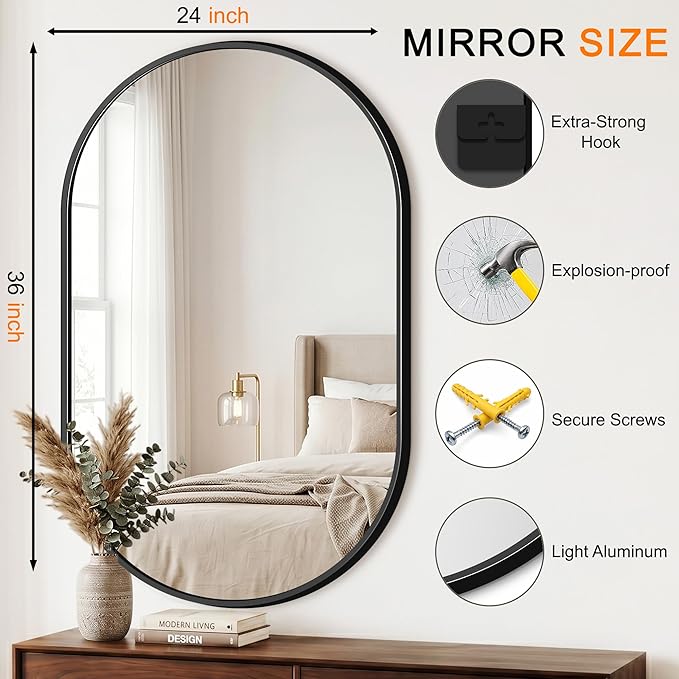 TRAHOME Oval Bathroom Mirror, 24"x36" Black Vanity Mirror for Over Sink, Bedroom, Living Room, Entryway, Modern Mounted Metal Frame Wall Mirror