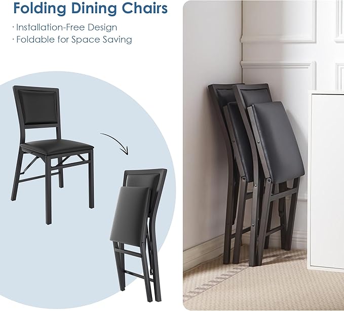 VECELO Folding Chairs Set of 2 with Cushion, Foldable Padded Seats with Heavy Duty Metal Frame for Kitchen/Dining/Living Room, No Assembly & Space Saving Design, Black