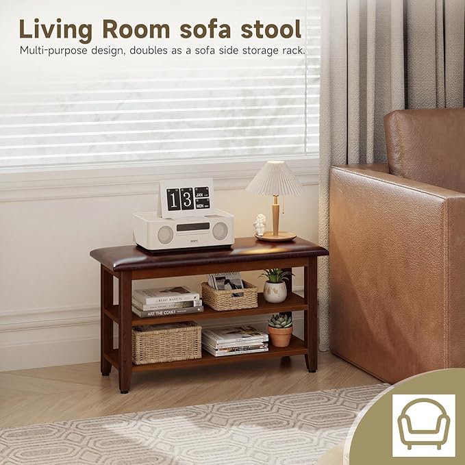 Shoe Bench with Leather Cushion,Wood Bench with Shoe Rack,2-Tier Shoe Storage Organizer for Entryway,Hallway,Living Room (2-Tier-31.5", Rubberwood)