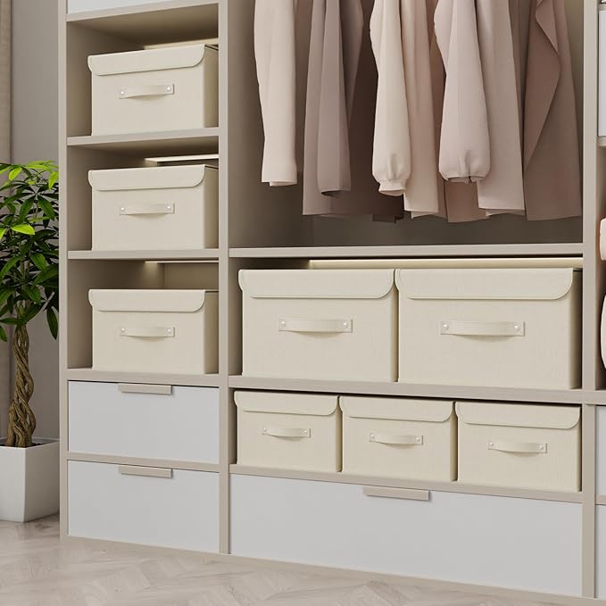 Fabric Storage Bins Cube Organizers with Flip-Top Lid and Handles, Storage Boxes for Organizing Home, Office, and Closet, Beige, 5 Pack 10.2 X 7.9 X 6.7 in