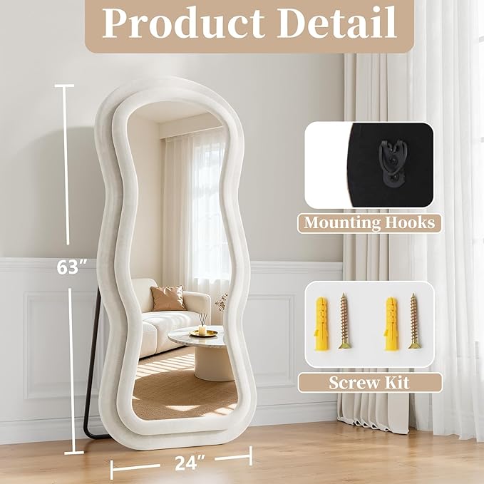 Wavy Full Length Mirror, 63"x24" Full Body Mirrors with Stand, Flannel Floor Mirrors for Bedroom, Living Room, Dressing Room, Hanging Leaning Wall Mirror