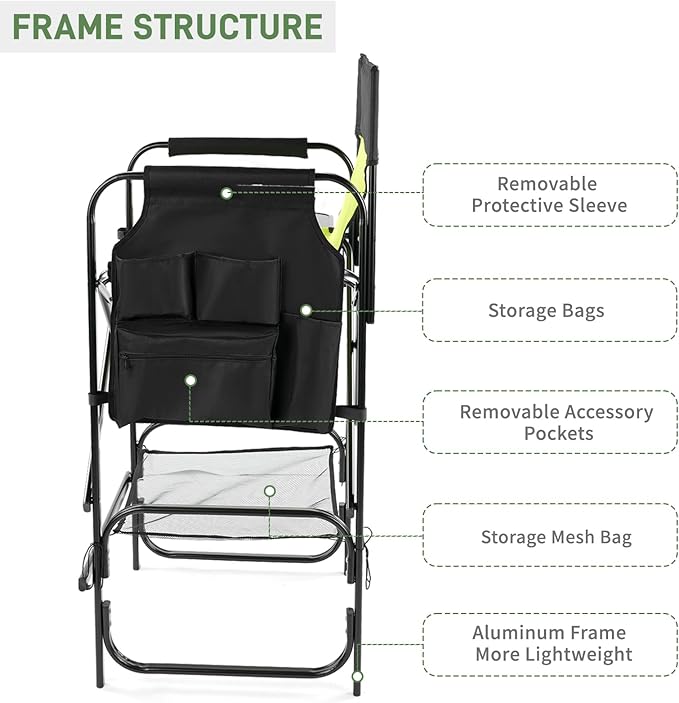 Outvita 4 Piece31 Tall Directors Chair Height Seat Folding with Side Table Storage Bag, Support for 300Lbs Portable Makeup Artist Chair with Bar Height(Green/Black)