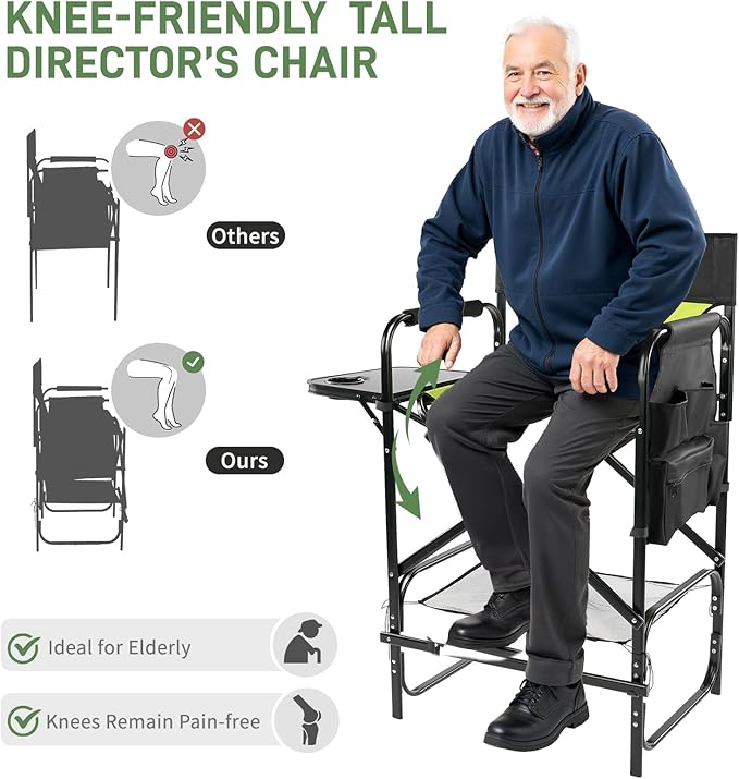 Outvita 31" Tall Directors Chair Height Seat Folding with Side Table Storage Bag, Support for 300Lbs Portable Makeup Artist Chair with Bar Height(Green/Black)