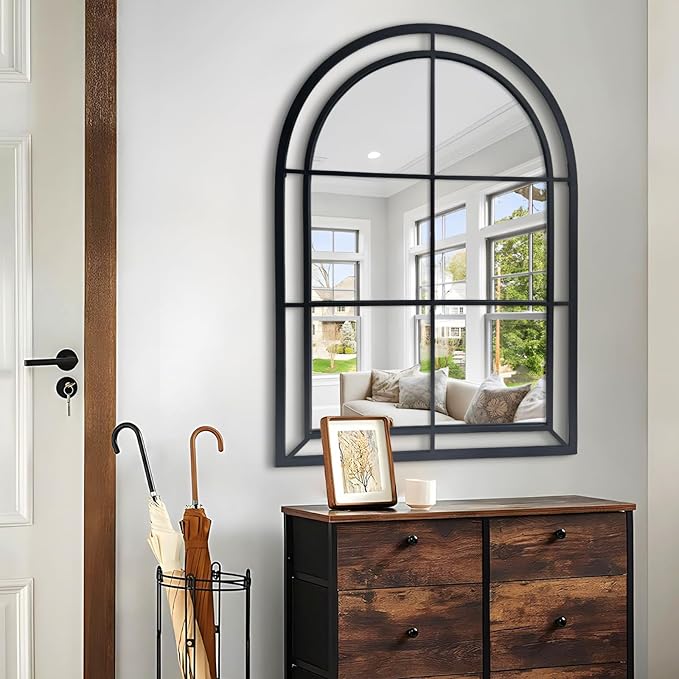 WAMIRRO Arched Mirror,Big Decorative Black Window Pane Mirrors Decor for Wall Mouted/Fireplace/Entryway/Hallway/Living Room/Bathroom 28"X40"
