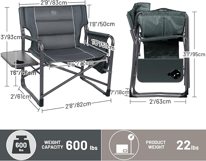 Timber Ridge XXL Upgraded Oversized Directors Chairs with Foldable Side Table, Detachable Side Pocket, Heavy Duty Folding Camping Chair up to 600 Lbs Weight Capacity (Gray) Ideal Gift