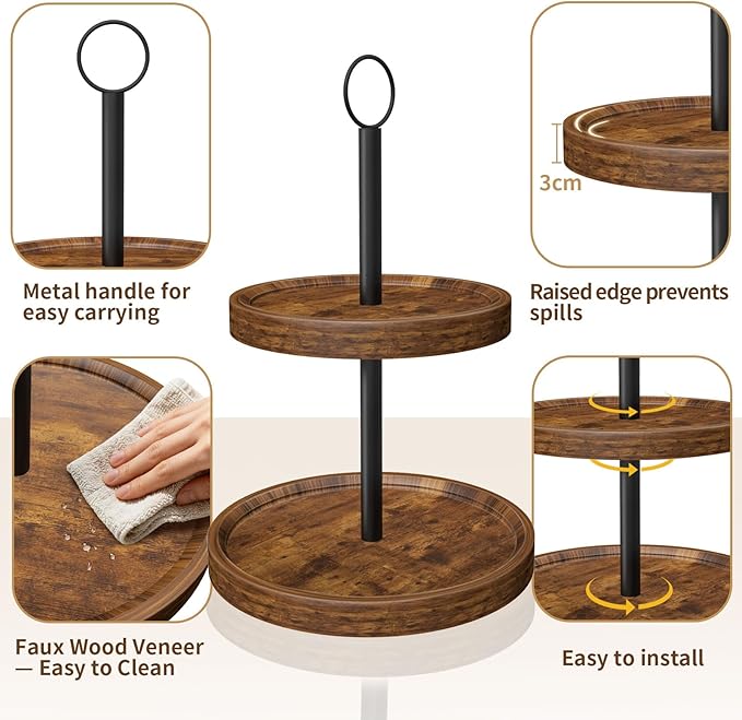 Tiered Tray Stand, Rustic Two Tier Decorative Tray with Metal Handle, Farmhouse 2 Tier Serving Tray, Round Cake Cupcake Stand for Coffee Bar Home Party Decor Holiday Housewarming Gifts(2-Pack)