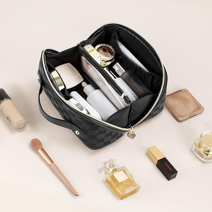 Prite Makeup Bag for Women Travel Waterproof Vegan Leather Cosmetic Bag Open Flat Toiletry Bag With Clear Divider and Handle (Plaid Black, Medium)