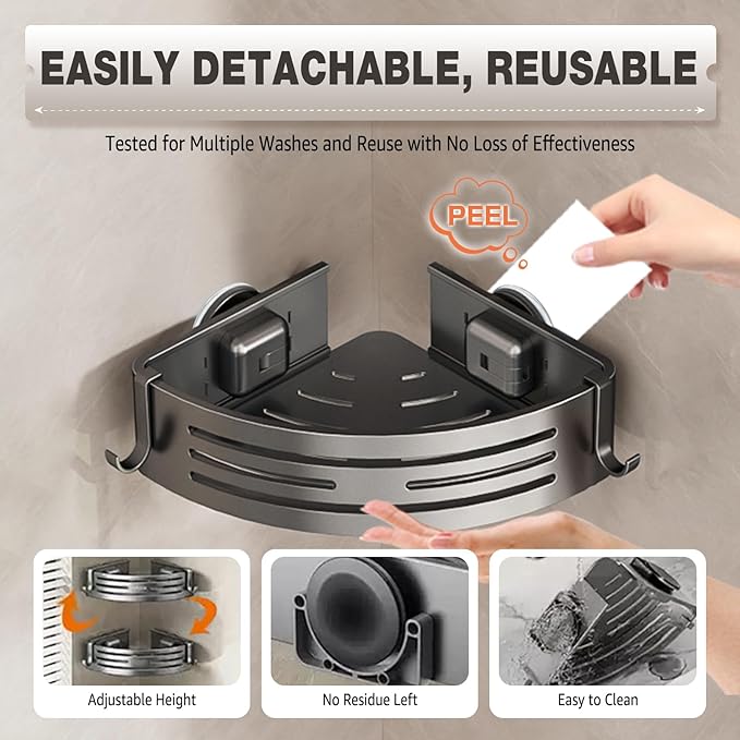 Conworld Corner Shower Caddy Suction Cups, Corner Shower Shelf for Inside Shower, Organizer Suction for Bathrooms Storage, No-Drilling Removable (Aluminum, 2-Pack, Gunmetal Gray)