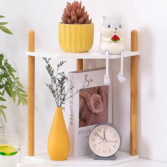 3-Tier Expandable Bamboo Corner Shelf - Dish/Plate Organizer for Cabinet, Kitchen Counter Shelf & Small Kitchen Shelf, Adjustable (11.4" H-White, 2-Tier)