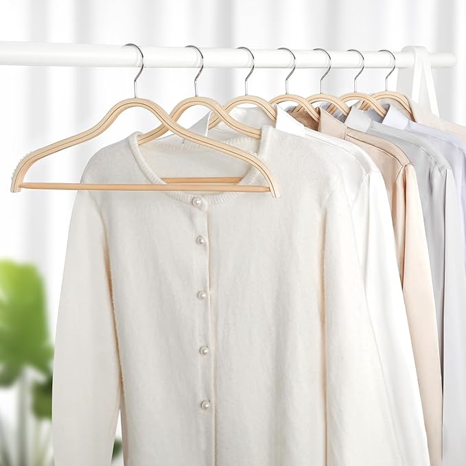 TOPIA HANGER Sleek Wooden Hangers with Non-Slip Rubber Grips, Sweater Hangers No Shoulder Bump, Lightweight Clothes Hangers 10-Pack, 360° Swivel Hook and Pants Bar-CT63N