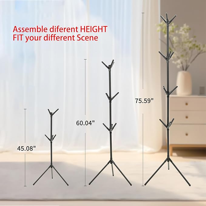Aynoo Coat Rack Stand with 12 Hooks,Metal Freestanding Coat Standing,Light weight Cap Rack,Black