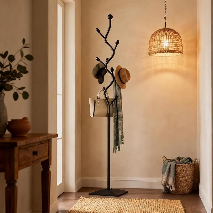 Coat Rack Freestanding Metal Coat Tree with 8 Hooks, Creative Design Tree Branch-look, Standing Coat Rack Coat Hanger Stand with Stury cast iron Base for Entryway, Hallway, Bedroom (black)
